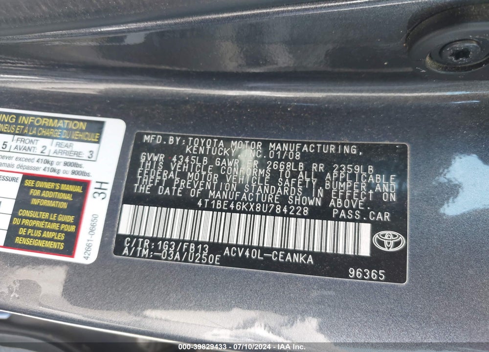 2008 TOYOTA CAMRY LE VIN: 4T1BE46KX8U784228
