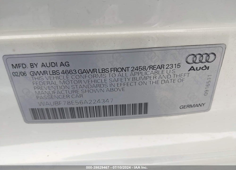 2006 AUDI A4 2.0T VIN: WAUBF78E56A224347
