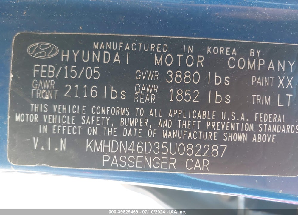 2005 HYUNDAI ELANTRA GLS/GT VIN: KMHDN46D35U082287