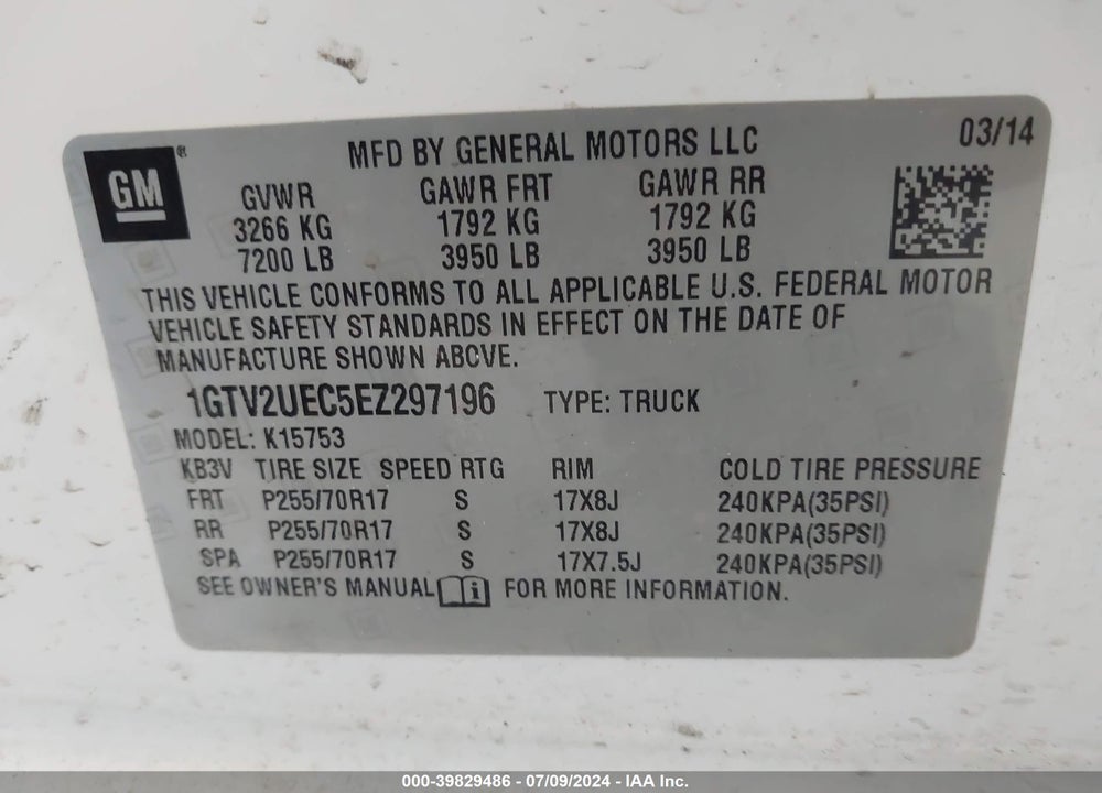 2014 GMC SIERRA 1500 SLE VIN: 1GTV2UEC5EZ297196