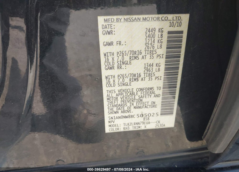 2011 NISSAN XTERRA S VIN: 5N1AN0NW8BC505025