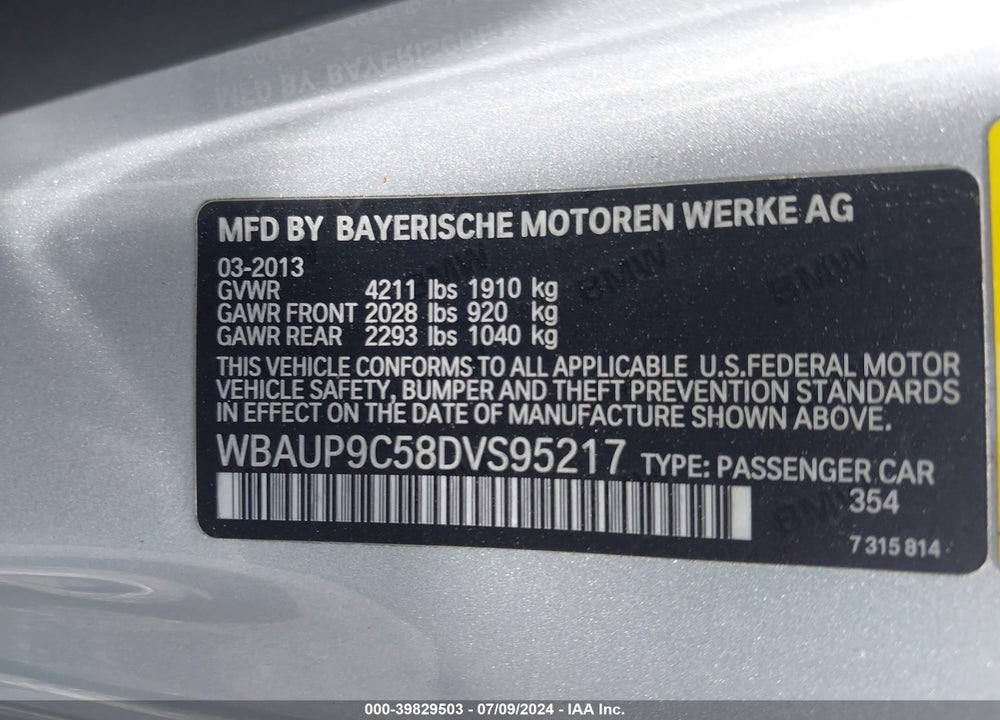 2013 BMW 128I VIN: WBAUP9C58DVS95217