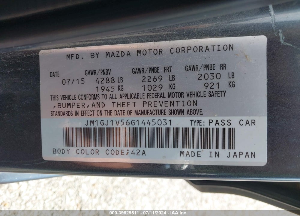 2016 MAZDA 6 I TOURING VIN: JM1GJ1V56G1445031