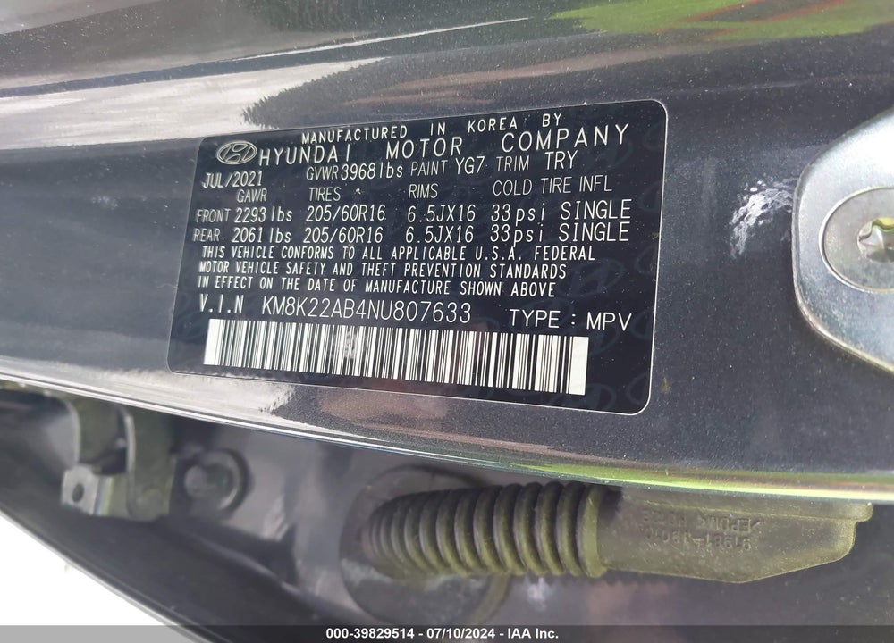 2022 HYUNDAI KONA SE VIN: KM8K22AB4NU807633