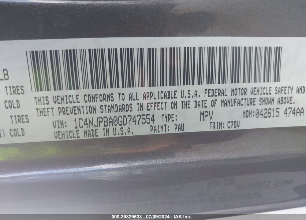 2016 JEEP PATRIOT SPORT VIN: 1C4NJPBA0GD747554