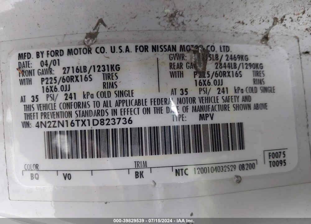 2001 NISSAN QUEST SE VIN: 4N2ZN16TX1D823736