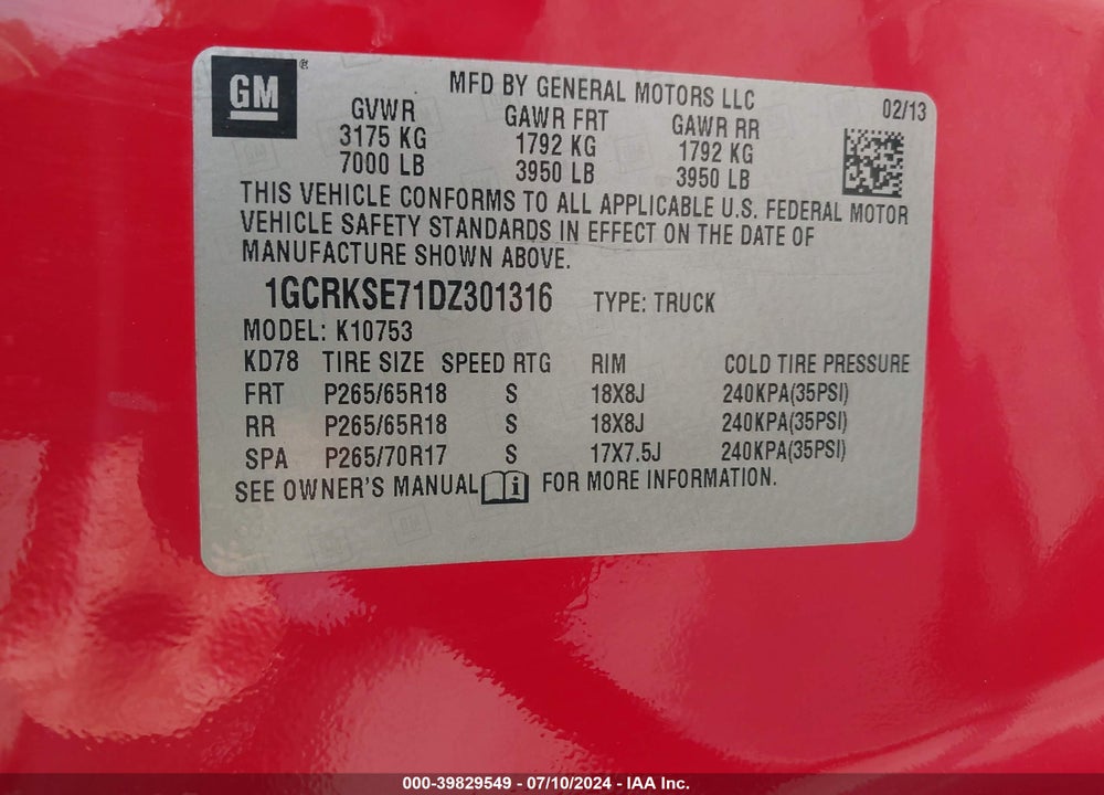 2013 CHEVROLET SILVERADO 1500 LT VIN: 1GCRKSE71DZ301316