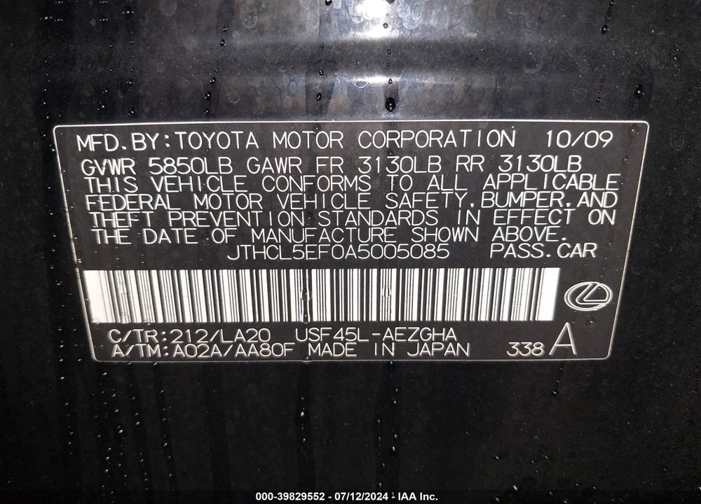 2010 LEXUS LS 460 VIN: JTHCL5EF0A5005085