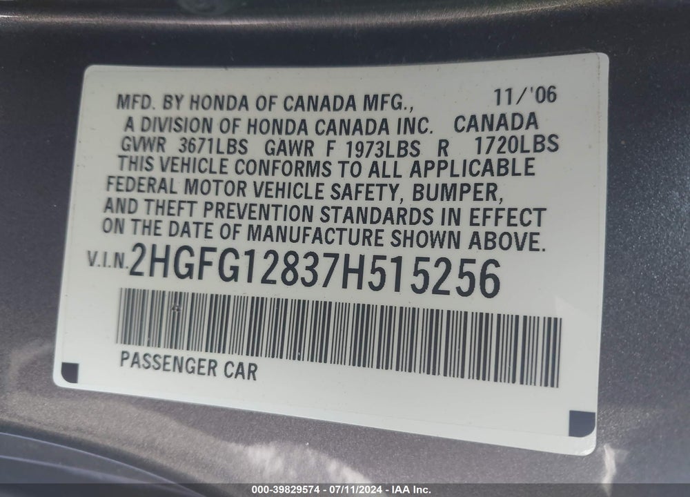 2007 HONDA CIVIC EX VIN: 2HGFG12837H515256