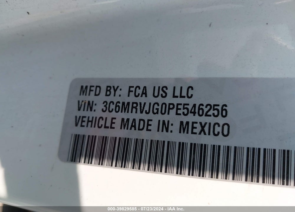 2023 RAM PROMASTER 3500 CARGO VAN HIGH ROOF 159 WB EXT VIN: 3C6MRVJG0PE546256