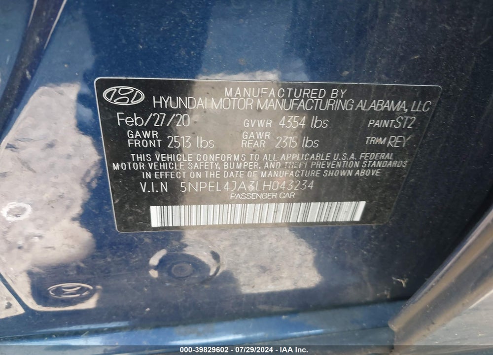 2020 HYUNDAI SONATA SEL VIN: 5NPEL4JA3LH043234