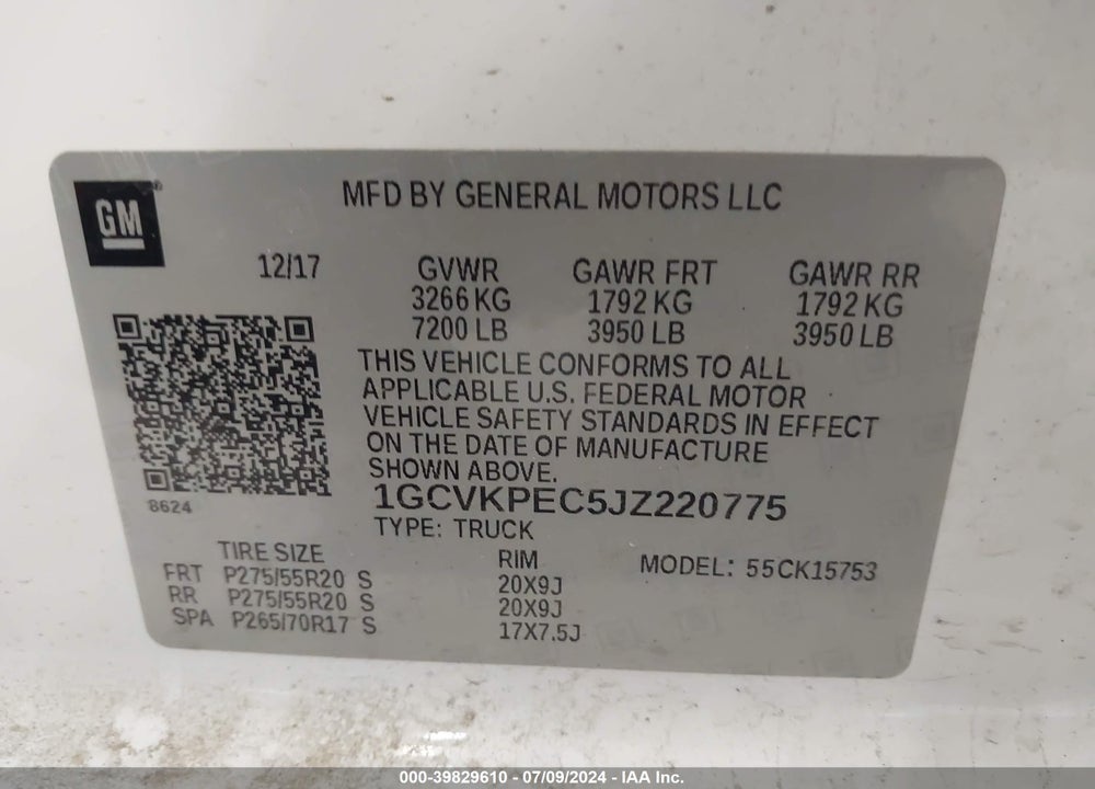 2018 CHEVROLET SILVERADO 1500 CUSTOM VIN: 1GCVKPEC5JZ220775