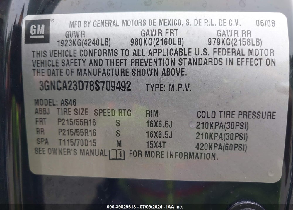 2008 CHEVROLET HHR LT VIN: 3GNCA23D78S709492