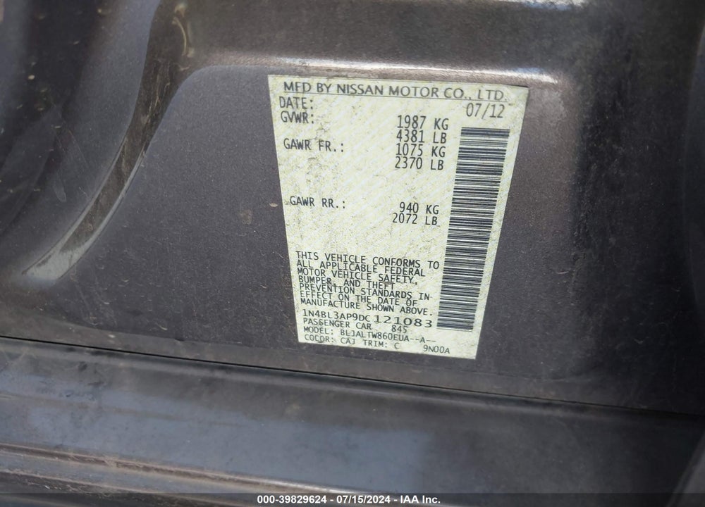 2013 NISSAN ALTIMA 3.5 SV VIN: 1N4BL3AP9DC121083