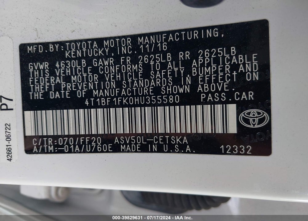 2017 TOYOTA CAMRY SE VIN: 4T1BF1FK0HU355580