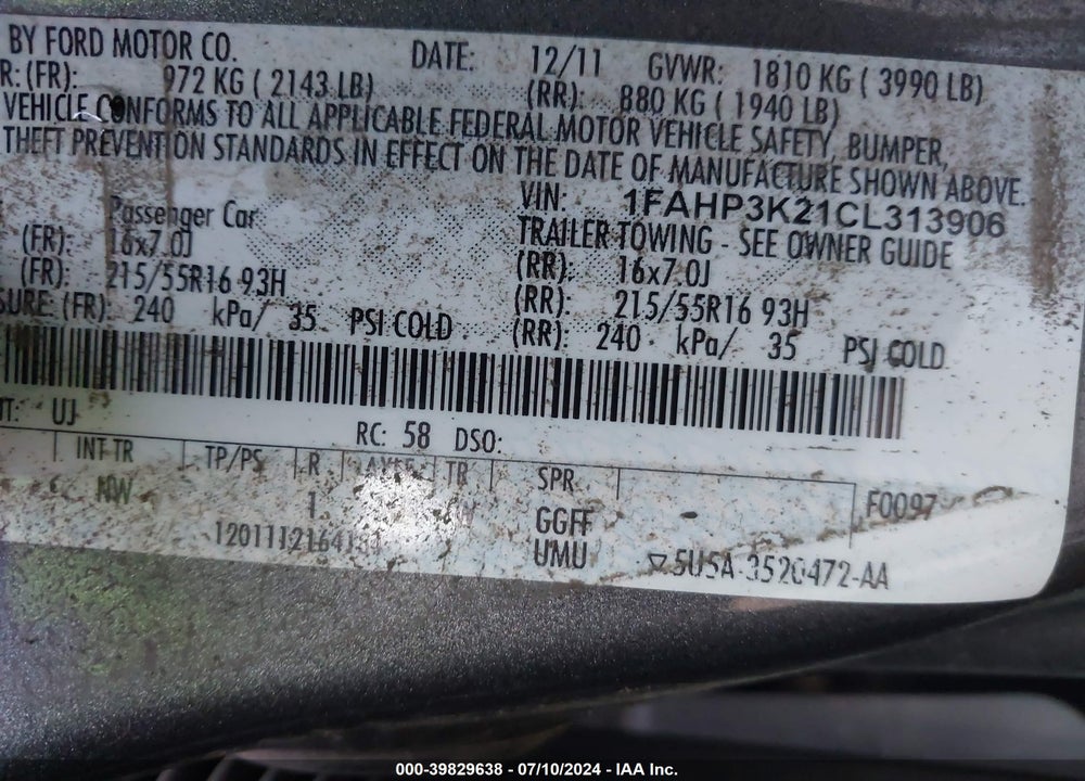 2012 FORD FOCUS SE VIN: 1FAHP3K21CL313906