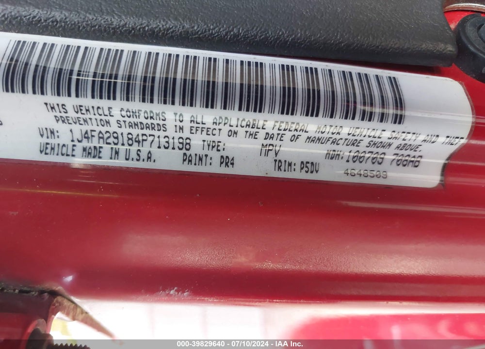 2004 JEEP WRANGLER SE VIN: 1J4FA29184P713198
