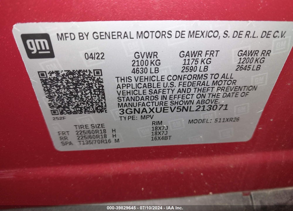 2022 CHEVROLET EQUINOX AWD LT VIN: 3GNAXUEV5NL213071