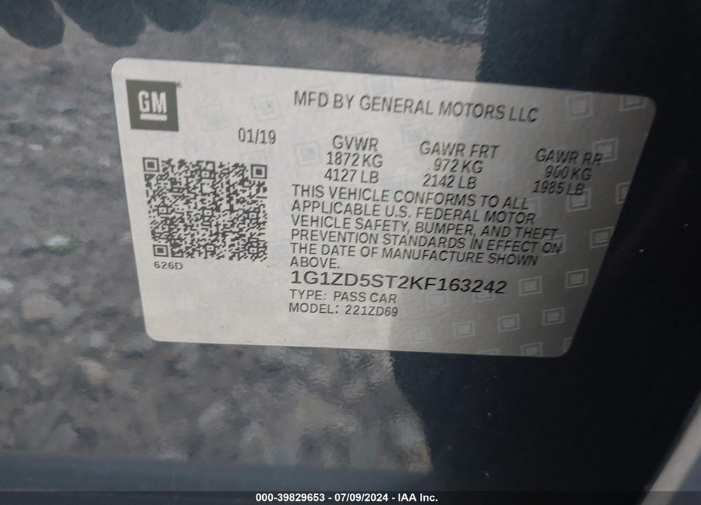 2019 CHEVROLET MALIBU LT VIN: 1G1ZD5ST2KF163242
