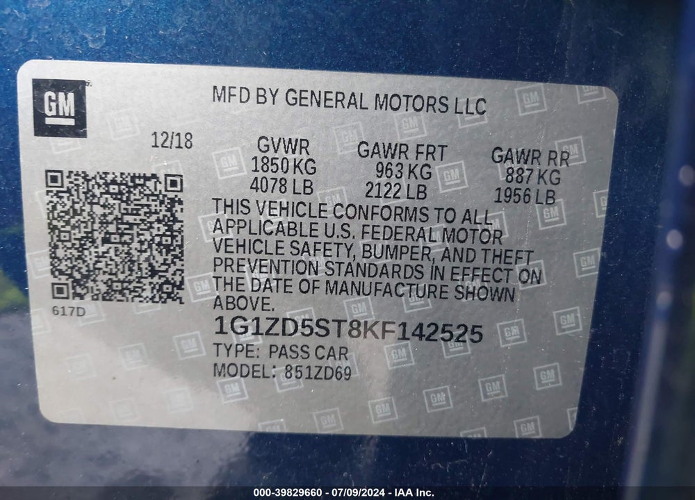 2019 CHEVROLET MALIBU LT VIN: 1G1ZD5ST8KF142525
