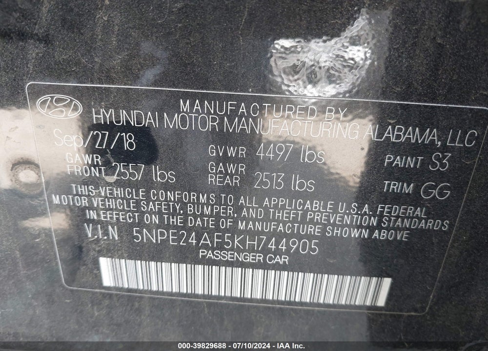 2019 HYUNDAI SONATA SE VIN: 5NPE24AF5KH744905