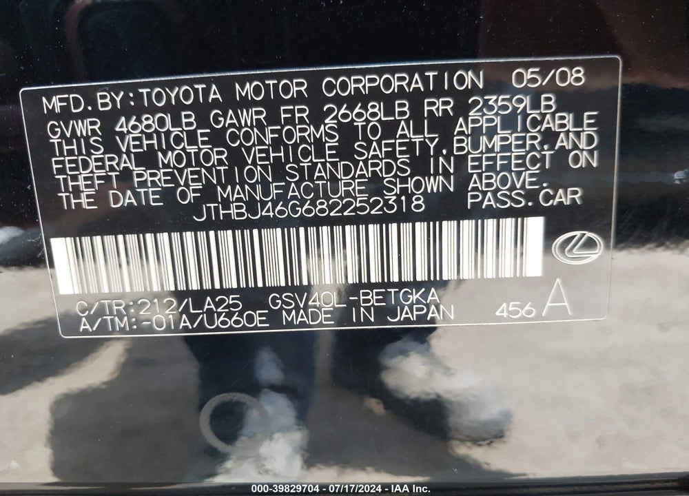 2008 LEXUS ES 350 VIN: JTHBJ46G682252318