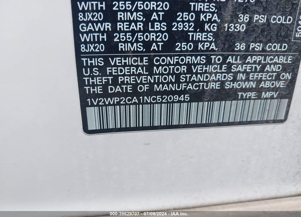 2022 VOLKSWAGEN ATLAS 2.0T SE W/TECHNOLOGY VIN: 1V2WP2CA1NC520945