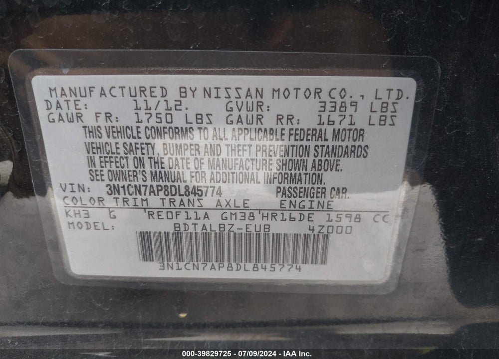 2013 NISSAN VERSA 1.6 SV VIN: 3N1CN7AP8DL845774
