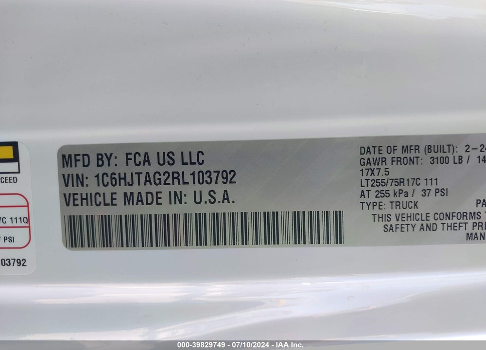 2024 JEEP GLADIATOR WILLYS VIN: 1C6HJTAG2RL103792