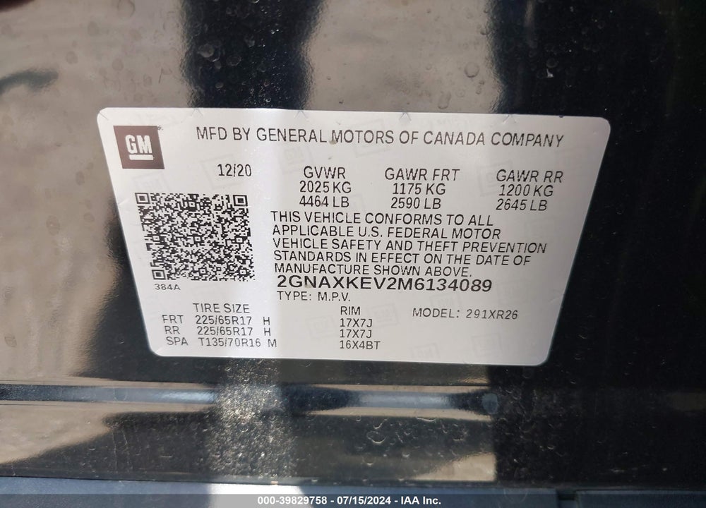 2021 CHEVROLET EQUINOX FWD LT VIN: 2GNAXKEV2M6134089