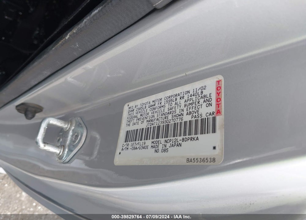 2003 TOYOTA ECHO VIN: JTDAT123930270776