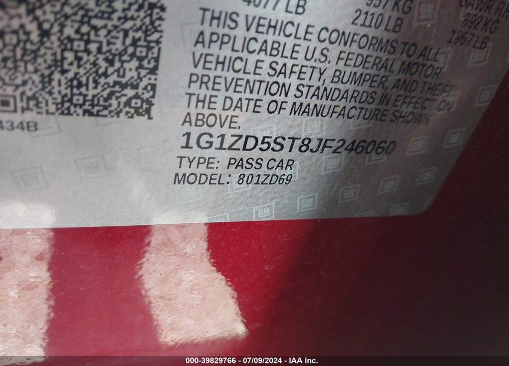 2018 CHEVROLET MALIBU LT VIN: 1G1ZD5ST8JF246060