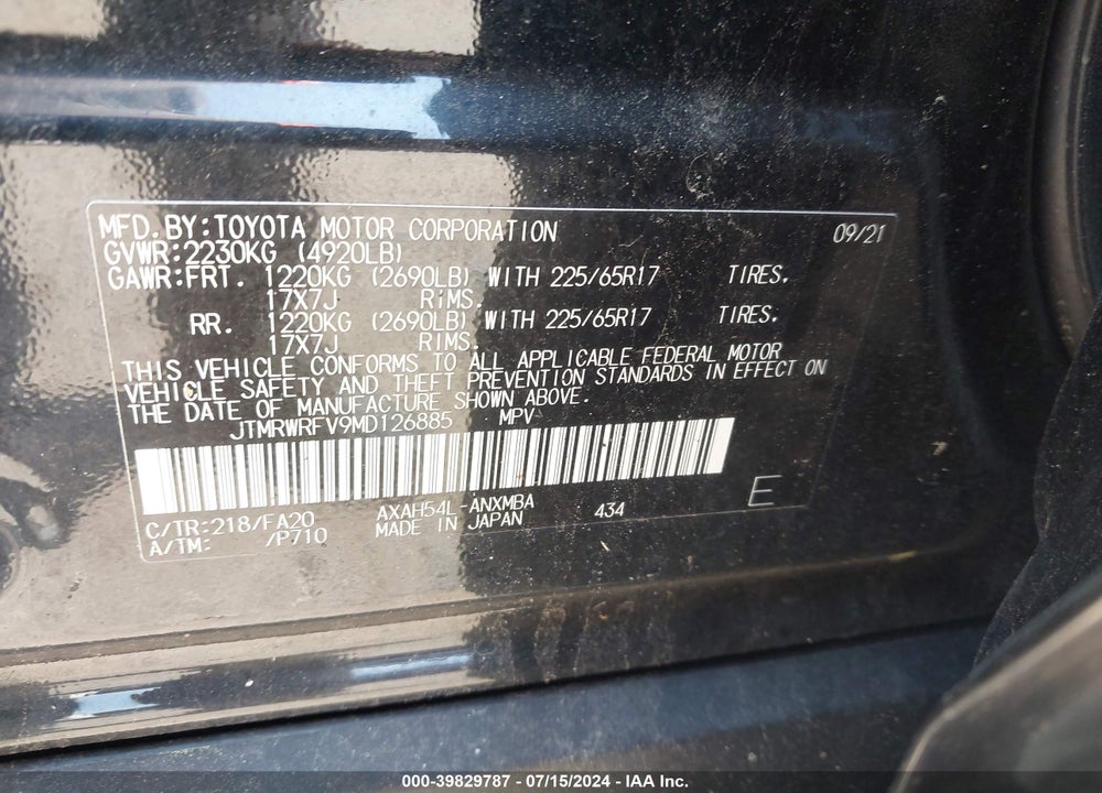 2021 TOYOTA RAV4 HYBRID XLE VIN: JTMRWRFV9MD126885