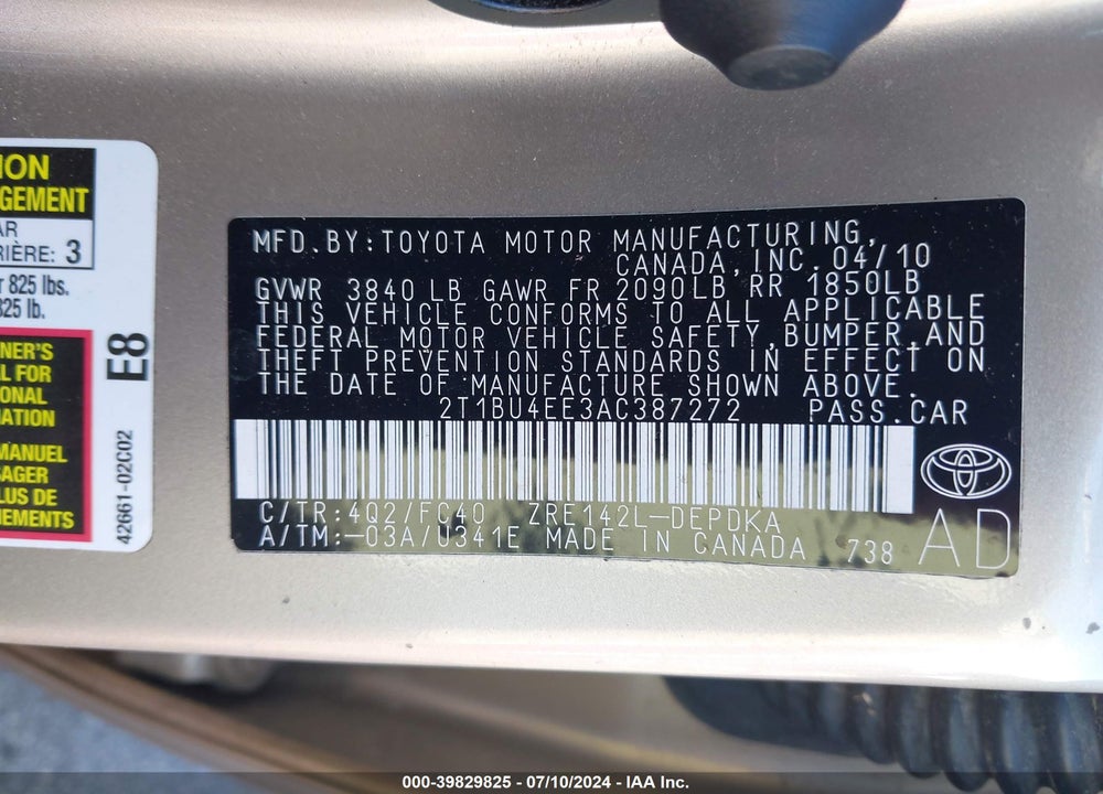 2010 TOYOTA COROLLA LE VIN: 2T1BU4EE3AC387272