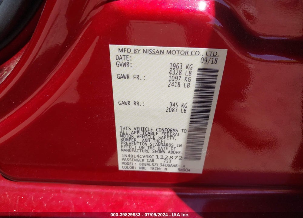 2019 NISSAN ALTIMA 2.5 SR VIN: 1N4BL4CV4KC112872