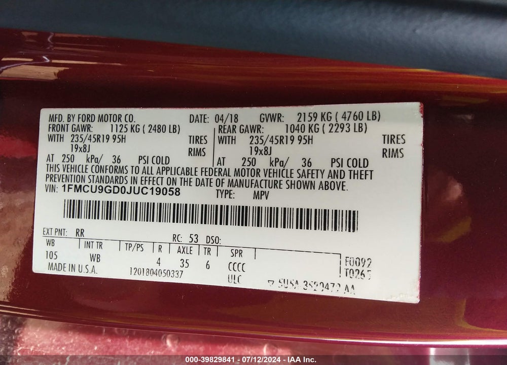 2018 FORD ESCAPE SE VIN: 1FMCU9GD0JUC19058