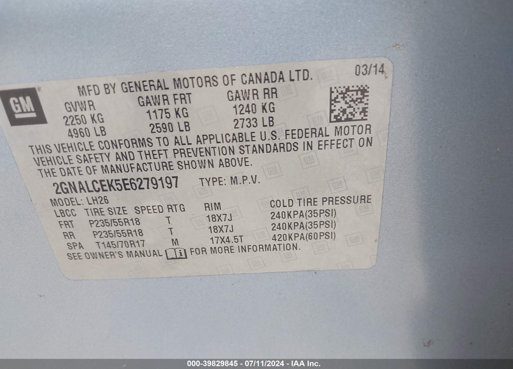 2014 CHEVROLET EQUINOX 2LT VIN: 2GNALCEK5E6279197