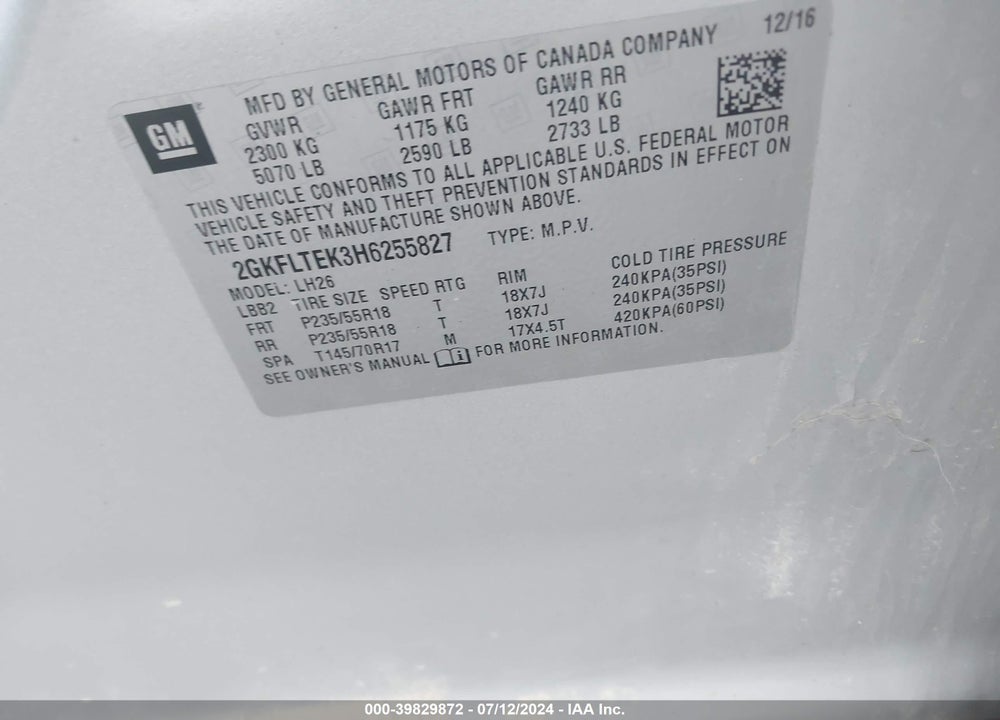 2017 GMC TERRAIN SLE-2 VIN: 2GKFLTEK3H6255827