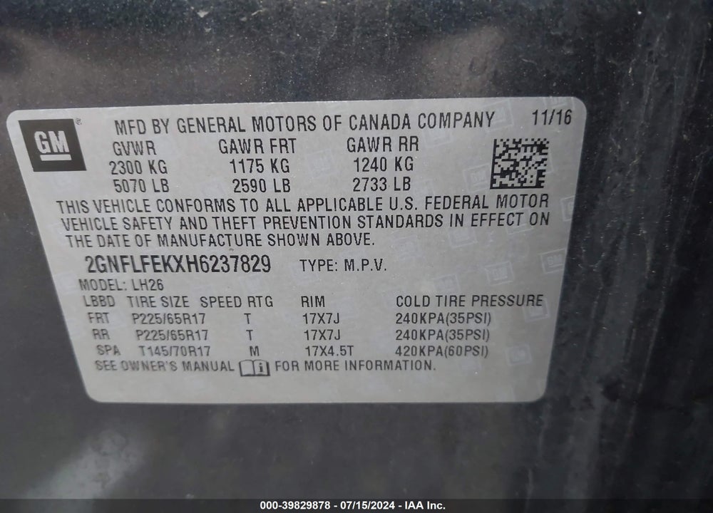 2017 CHEVROLET EQUINOX LT VIN: 2GNFLFEKXH6237829