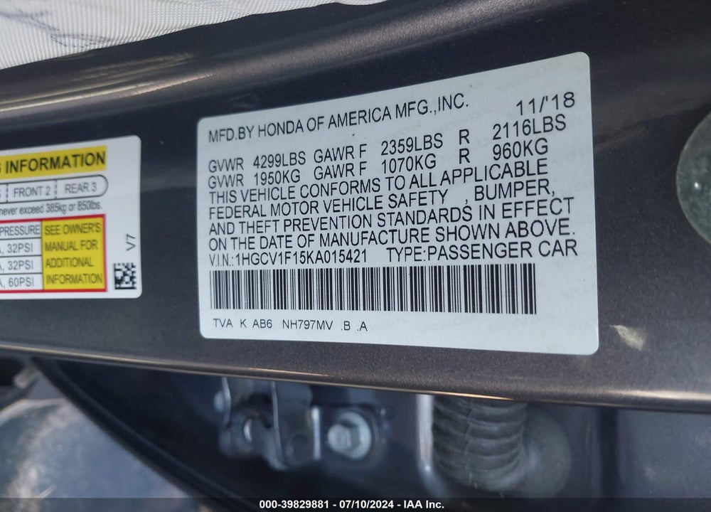 2019 HONDA ACCORD LX VIN: 1HGCV1F15KA015421