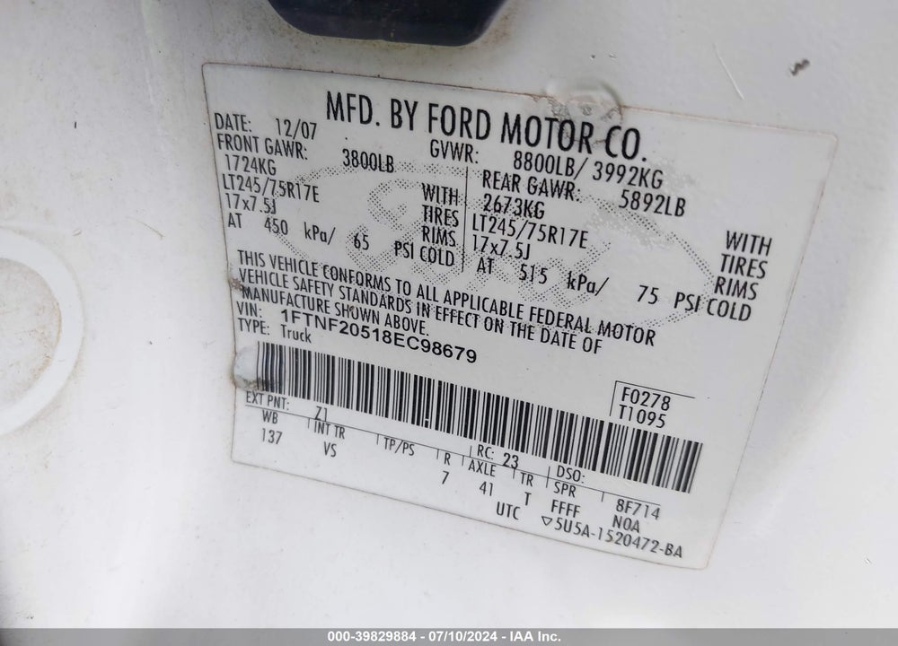 2008 FORD F-250 XL/XLT VIN: 1FTNF20518EC98679