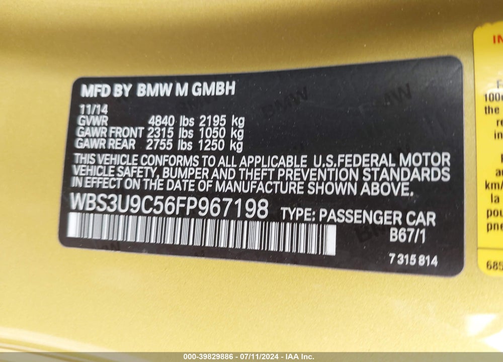 2015 BMW M4 VIN: WBS3U9C56FP967198