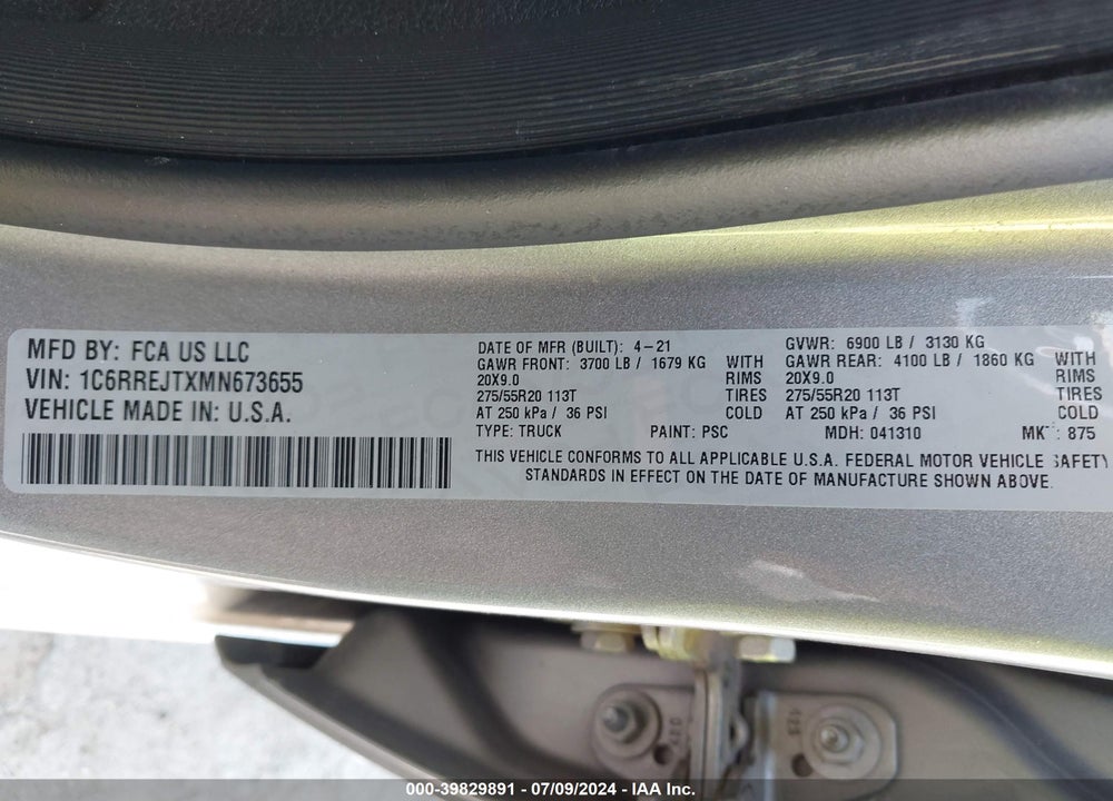 2021 RAM 1500 LAIE  4X2 5'7 BOX VIN: 1C6RREJTXMN673655