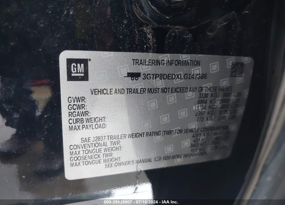 2020 GMC SIERRA 1500 2WD SHORT BOX SLT VIN: 3GTP8DEDXLG147386