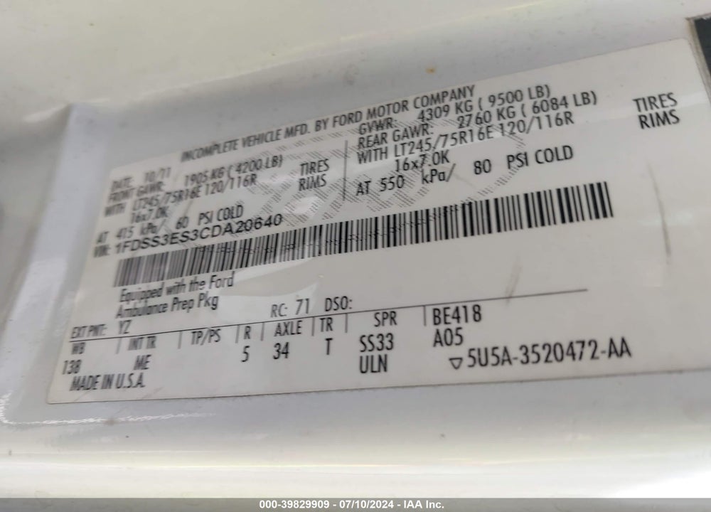 2012 FORD E-350 SUPER DUTY COMMERCIAL VIN: 1FDSS3ES3CDA20640