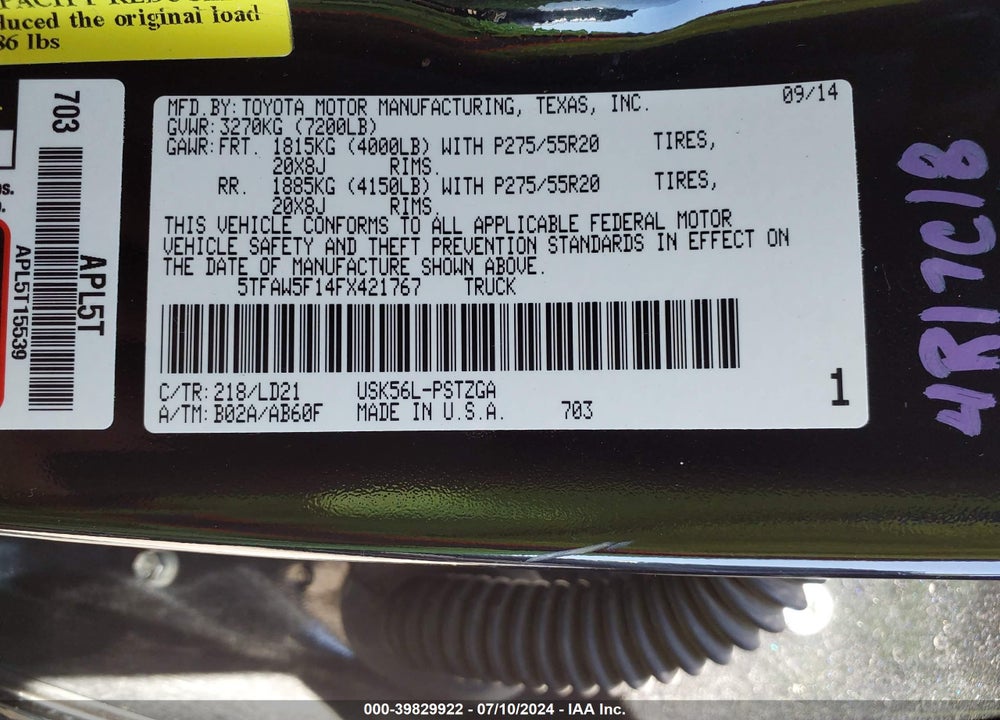 2015 TOYOTA TUNDRA 1794 5.7L V8 VIN: 5TFAW5F14FX421767