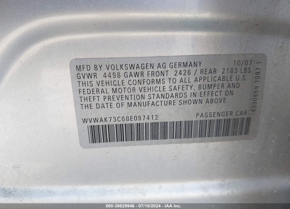2008 VOLKSWAGEN PASSAT KOMFORT VIN: WVWAK73C68E097412