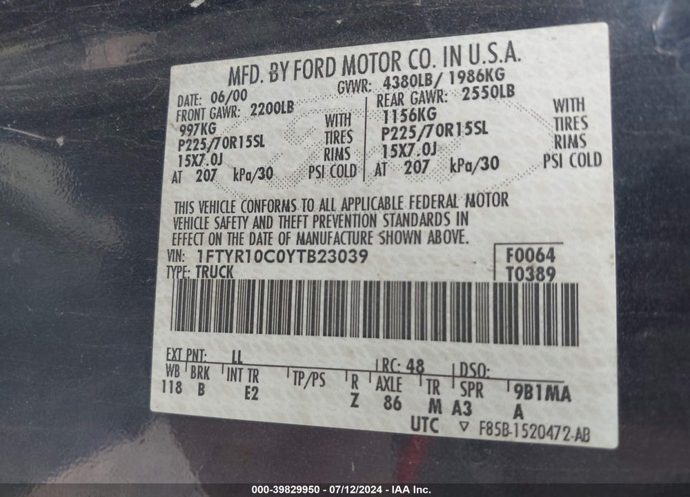 2000 FORD RANGER VIN: 1FTYR10C0YTB23039