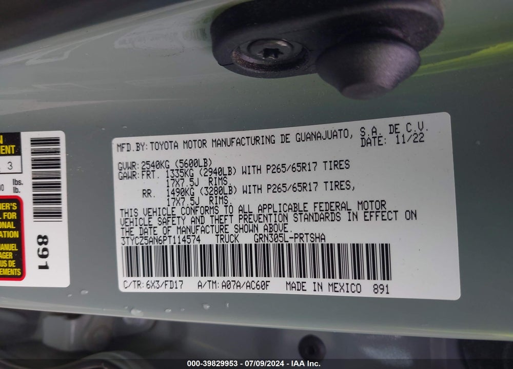 2023 TOYOTA TACOMA TRD SPORT VIN: 3TYCZ5AN6PT114574