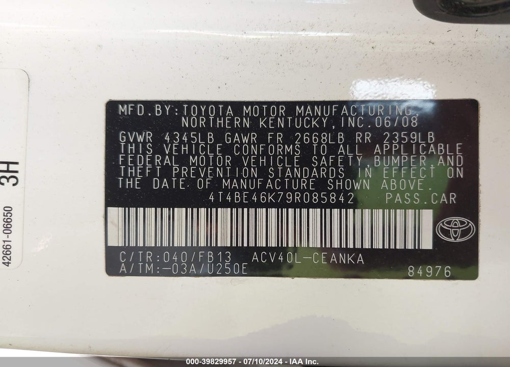 2009 TOYOTA CAMRY LE VIN: 4T4BE46K79R085842